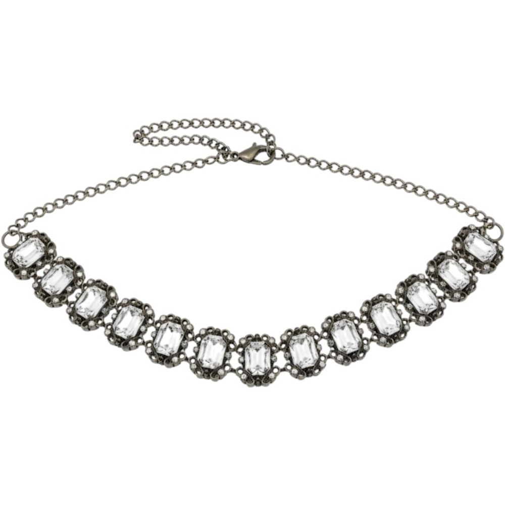 Vintage Style Antiqued Silver Emerald Cut Crystal Chain Belt Adjustable Boho